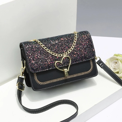 Women Shoulder Crossbody Bag PU Leather Glitter Sequin Flap Heart Lock Chain Handle Wide Embroidered Strap Fashion Retro