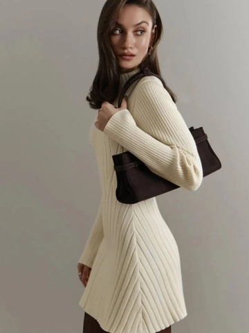 Vestido Mini De Punto Acanalado Para Mujer Manga Larga Cuello Alto Ajustado Color Sólido Elegante Vestido De Suéter