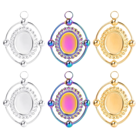 Charmes De Base De Pendentif En Acier Inoxydable Irisé Pour Bijoux DIY Plateau Ovale Vintage Finition Miroir Arc En Ciel