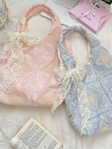 Butterfly Embroidery Women Shoulder Bag Lace Bow Decoration Polyester Fabric Tote Handbag For Daily Commute Sweet Vintage Style