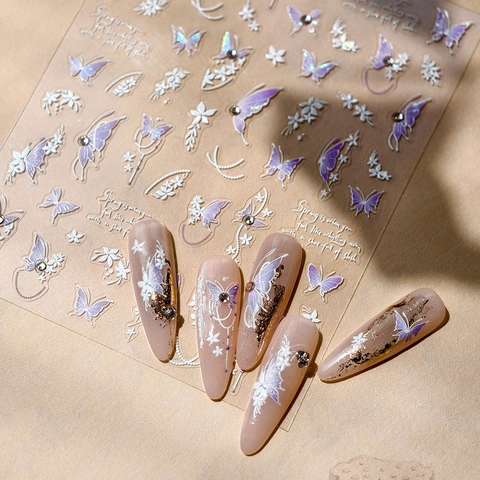 Autocollants Ongles Papillon 3D Auto-Adhésif Laser Holographique Floral Manucure Décoration DIY Accessoire
