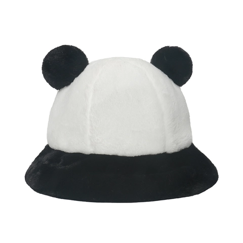 Cappello da Pescatore in Peluche con Orecchie di Panda Invernale Caldo Ecopelliccia Bianco E Nero Contrasto Colore Donna
