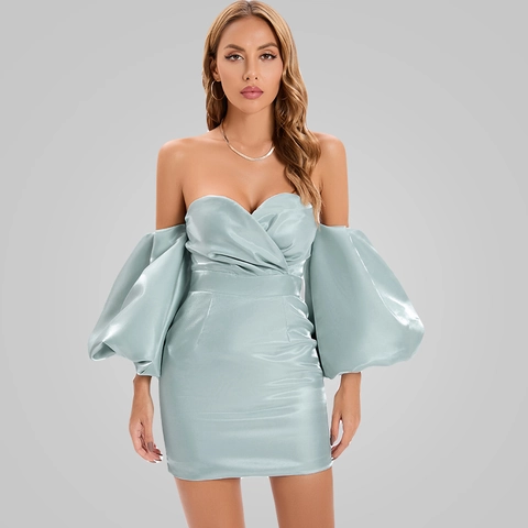 Sexy Schulterfreies Satin Minikleid Puffärmel Trägerloses Figurbetontes Party Abendkleid Für Damen