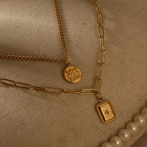 Gelaagde Roestvrijstalen Ketting Met Ronde Octogram Schijf En Rechthoekige Hanger Vintage Sieraden Voor Dames