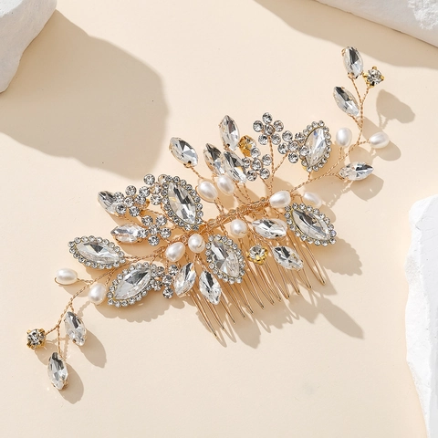 Pettine Per Capelli Da Sposa Fatto A Mano Perla Artificial Strass Fiore Foglia Retrò Copricapo Da Sposa Donne Elegante Vintage Gioielli
