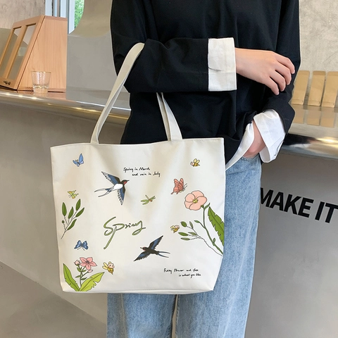 Women's Casual Oxford Cloth Tote Bag Printed Spring Flower Bird Shoulder Handbag Large Capacity Student School Bag Fashion Shopping Bag