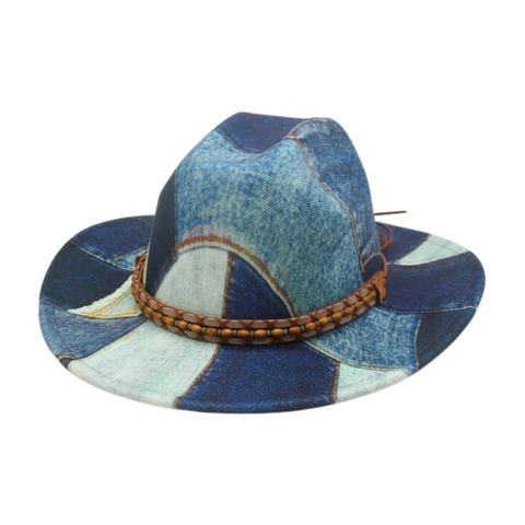 Vintage Western Cowboy Fedora Hat Cotton Denim Patchwork With Wood Beads Braided Band For Travel Outdoor Holiday