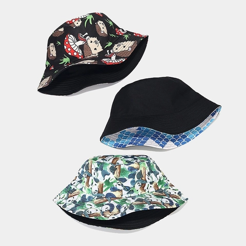 Cartoon Print Bucket Hat Cotton Polyester Reversible Sun Protection Outdoor Casual For Men Women