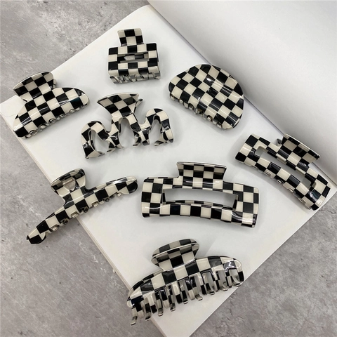 Schachbrett Haarklammer Retro Acetat Shark Haarnadel Große Rutschfeste Kopfschmuck Mode Accessoires Für Frauen
