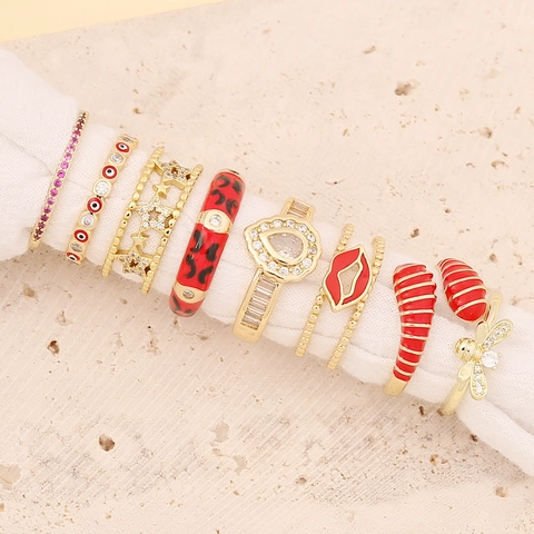 Bagues Ajustables Ouvertes En Cuivre Bohème Femmes Zircon Émail Mauvais Œil Abeille Lèvres Étoile Bijoux Mode Cadeau