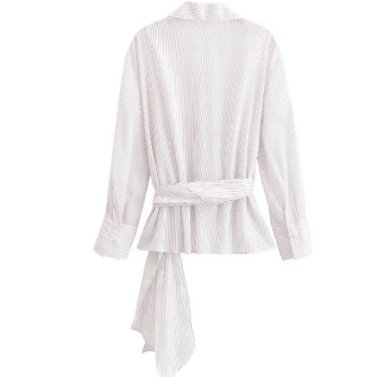 Women Striped Wrap Blouse Polyester Long Sleeve V Neck Waist Tie Shirt Office Casual Fashion Chic White