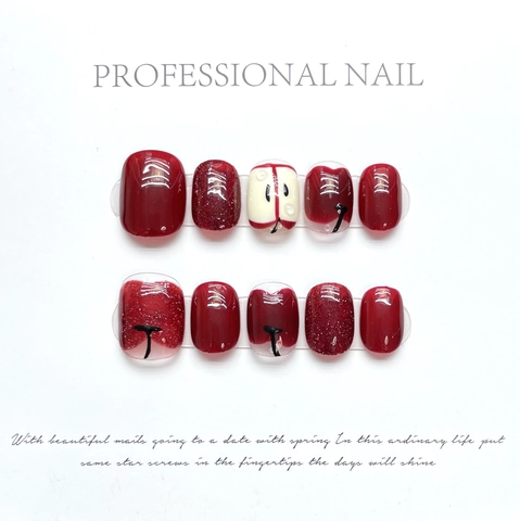 Press-on Nails Hand-painted Apple Pattern Short Round Glossy Gel Artificial False Nails For Women Cute Sweet Minimalist
