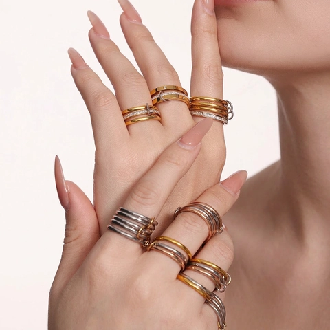Stackable Connected Multi Layer Rings Stainless Steel Tricolor Interlocking Zircon Linked Circles Fashion Jewelry For Women