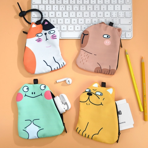 Cute Cartoon Animal Mini Coin Purse Portable Fabric Earphone Storage Bag With Hanging Loop Bag Charm For Lipstick Keys