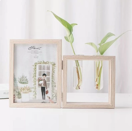 Nordic Foldable Wood Grain Photo Frame With Glass Hydroponic Test Tube Vases Desktop Ornament Home Decor