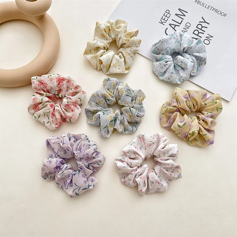 Floral Scrunchies Chiffon Fabric Elastic Hair Ties Fresh Sweet Versatile Ponytail Holder For Women Girls