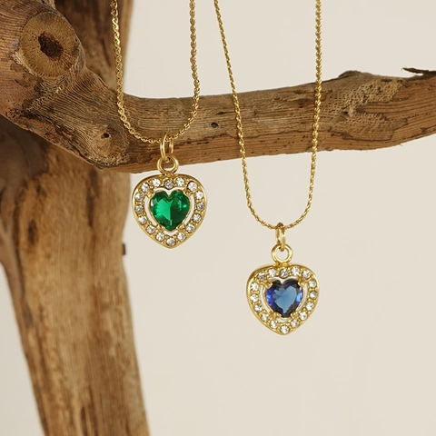 Glänzende Herz Anhänger Halskette Edelstahl 18K Vergoldet Zirkonia Bunter Funkelnder Stein Luxusschmuck Für Damen
