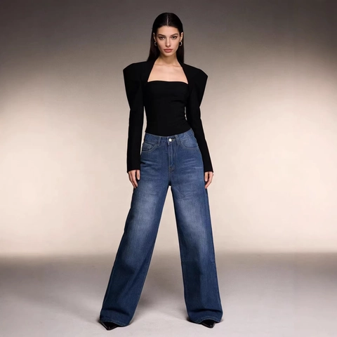 Weite Jeans Damen Hohe Taille Retro Gewaschene Baumwolle Denim Lockere Gerade Lange Hose Mode Streetwear Blau
