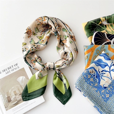 Satiny Satin Square Scarf Elegant Print Neck Wrap Fashion Hair Band For Women