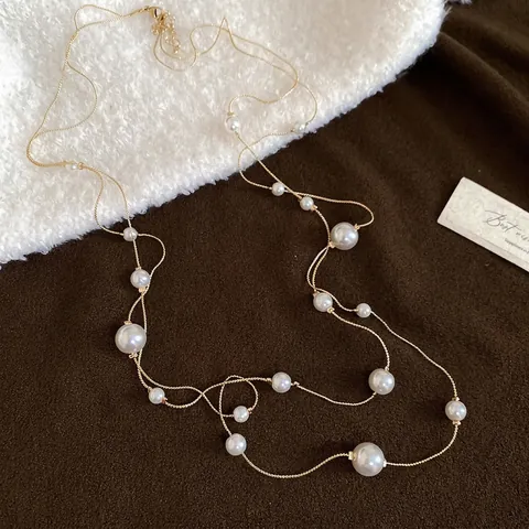 Elegant Double Layer Long Necklace Multi Size Imitation Artificial Pearls Gold Alloy Chain Retro Sweater Chain For Women