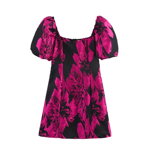Florale Mini Jurk Dames Vierkante Hals Pofmouwen Hoge Taille Jacquard Polyester Elegant Retro A-Lijn Kort