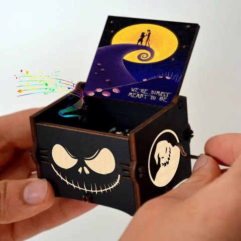 Wooden Hand Crank Music Box Laser Engraved Vintage Painted Musical Box Halloween Movie Theme Gift Home Decor For Kids