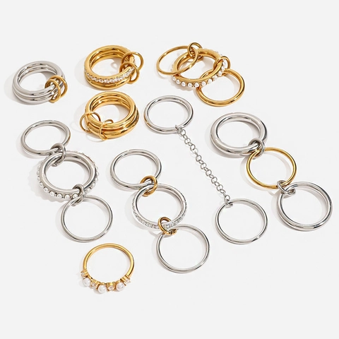 Stainless Steel Interconnected Rings Women Waterproof Hypoallergenic Stackable Artificial Pearl Cubic Zirconia Linked Trendy Jewelry