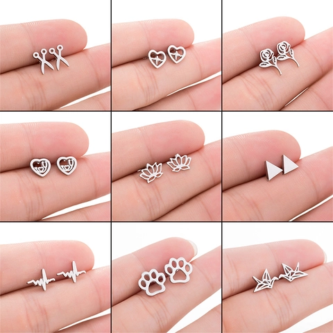Edelstahl Ohrstecker Minimalistische Geometrische Tierform Damen Mode Herz Rose Lotus Hirsch Papierkranich EKG Design