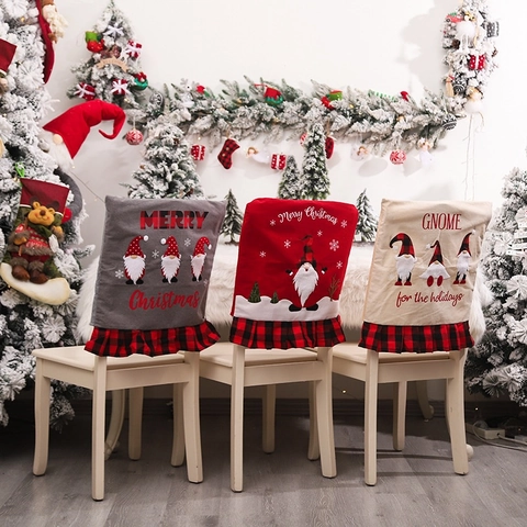 Christmas Chair Back Covers Linen Fabric Buffalo Plaid Gnome Embroidery Ruffle Edge Festive Dining Table Decor