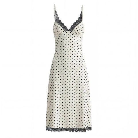 Polka Dot Maxi Kleid Spitze V-Ausschnitt Satin Camisole Ärmellos Hohe Taille Sexy Rückenfrei Langes Unterkleid Für Damen