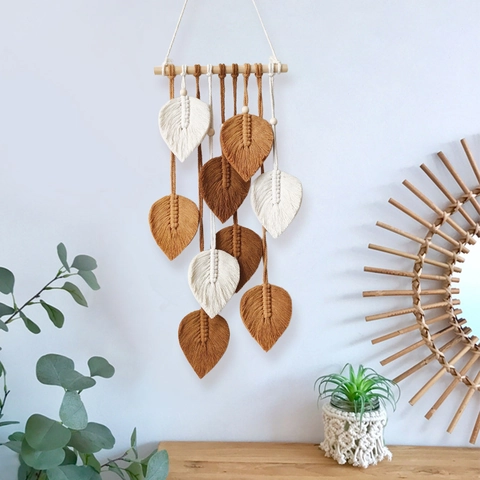 Boho Macrame Wandbehang Handgewebte Baumwolle Blatt Tapisserie Mit Holzstab Für Haus Dekoration Nordischer Stil