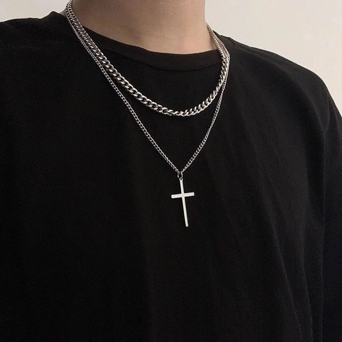 Lagenhalskette Kreuz Anhänger Legierung Panzerkette Minimalistisch Cool Industrieller Stil Unisex