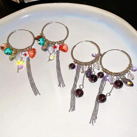 Hoop Earrings With Long Tassel Heart Flower Artificial Crystal Retro Ethnic Style Jewelry For Women