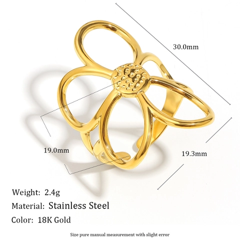 Anillo Regolabile Fiore Traforato Acciaio Inossidabile Placcato Oro 18K Gioielli Dichiarazione Floreale Vintage Da Donna