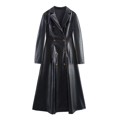 Trench-Coat Long En Cuir PU Pour Femmes Motif Crocodile Double Boutonnage Coupe Cintrée Col À Revers Veste Streetwear