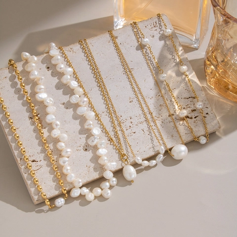 Freshwater Pearl Necklace Stainless Steel Gold Plated Baroque Pearl Choker For Women Waterproof Hypoallergenic Jewelry