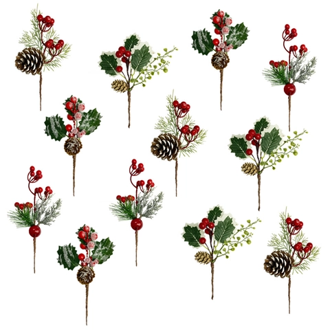 Artificial Christmas Picks Frosted Pine Cones Red Berries Pine Needles For Holiday Wreath Garland Floral Arrangement Decor
