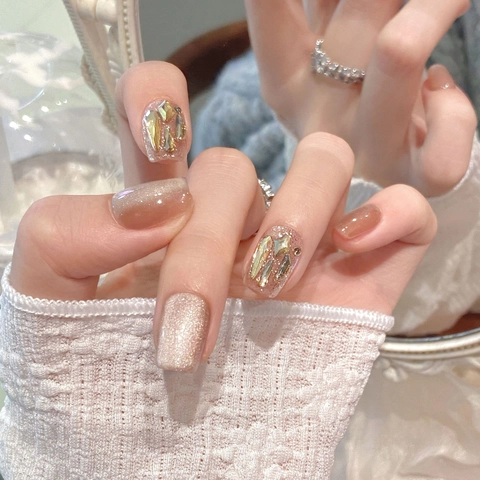 Handmade Press On Nails Champagne Gold Cat Eye Glitter Rhinestone Elegant Short Coffin Luxury Artificial Fingernails