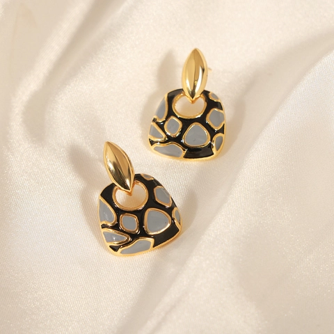 Pendientes Vintage Franceses de Cobre Esmalte Geométrico Estampado de Leopardo Joyería Elegante Artística para Mujer