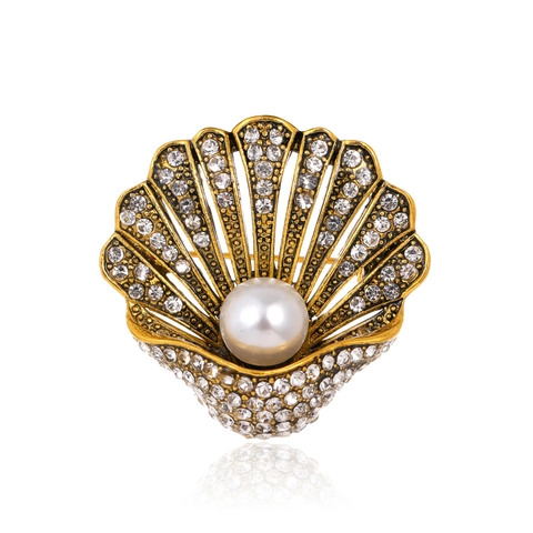Broche de Concha Vintage de Aleación de Zinc con Diamantes de Imitación y Perla Artificial para Mujer Elegante Accesorio de Joyería