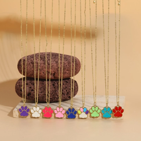 Cat Paw Print Pendant Necklace Copper Enamel Colorful Animal Footprint Jewelry For Women Girls Gold Plated