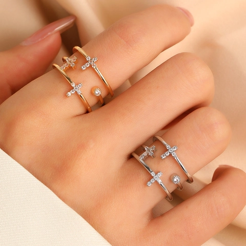 Vintage Copper Open Ring For Women Heart Castle Flower Cross Adjustable Rhinestone Artificial Pearl Double Layered Jewelry