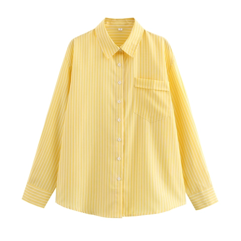 Camisa de Rayas para Mujer Manga Larga Casual Blusa con Cuello Polo y Botones Top con Bolsillo en el Pecho