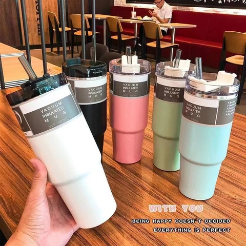 304 Stainless Steel Vacuum Insulated Coffee Tumbler With Straw Large Capacity Car Mug Double Wall Keeping Hot Cold Cup For Office Travel