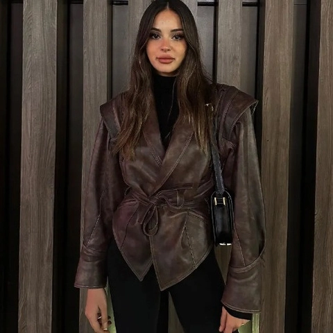 Women Vintage Faux Leather Jacket Retro Biker Style Outerwear With Drawstring Waist And Shoulder Lace Up Detail