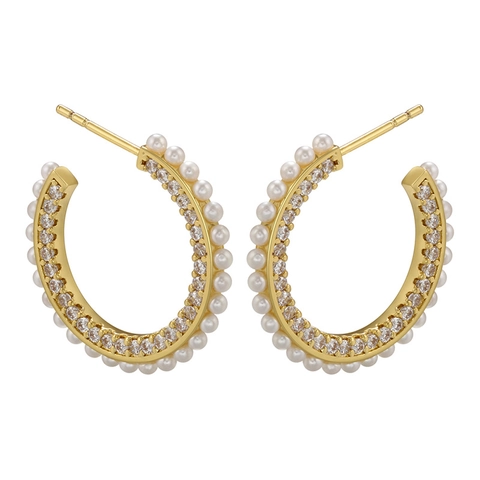 Orecchini a Cerchio in Rame a Forma di C da Donna Con Perla Artificiale e Strass Micro-incastonati Gioielli Eleganti