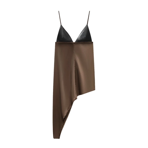 Top Canotta Patchwork Ecopelle E Satin Orlo Irregolare Asimmetrico Streetwear Scollo V Spalline Sottili Senza Maniche Sexy