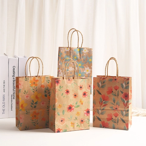 Vintage Floral Kraft Paper Gift Bag With Handle Flower Print Packaging Tote For Birthday Wedding Party Favors