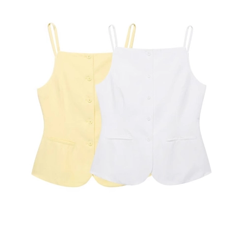 Women Sleeveless Vest And Shorts Solid Color Button Front Square Neck Casual Streetwear Summer Outfit