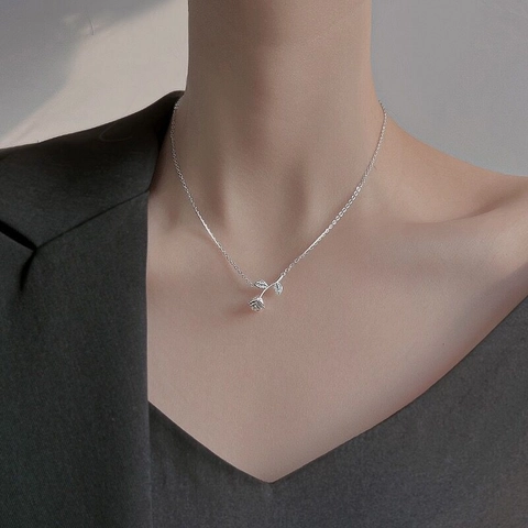 Collar De Flor Rosa Plata De Ley 925 Incrustado Circonita Cúbica Elegante Cadena De Clavícula Floral Para Mujeres Regalo